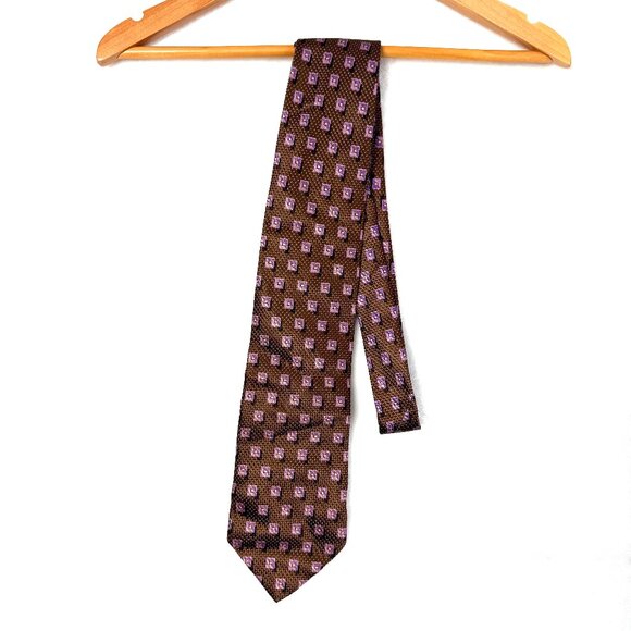 Ermenegildo Zegna 100% Silk Necktie Brown Purple Geometric Square Pattern Design - Picture 1 of 4